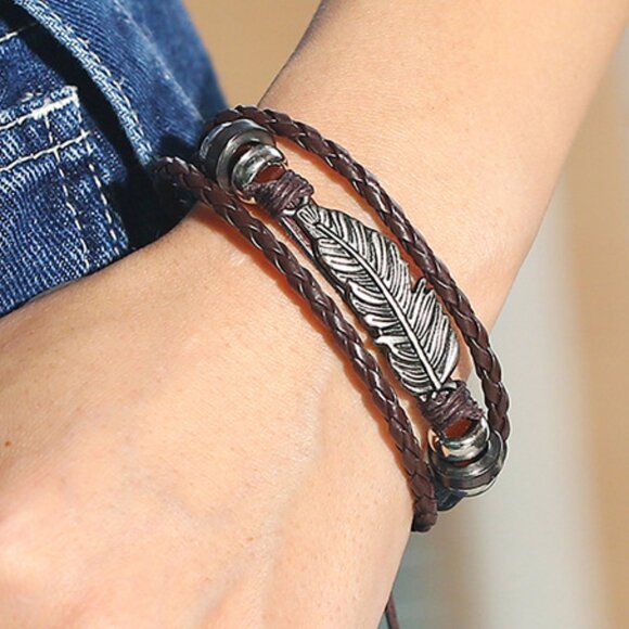3/$35 Boho Brown Leather Feather Bracelet for Men or Women, Unisex Wristband - Picture 6 of 6